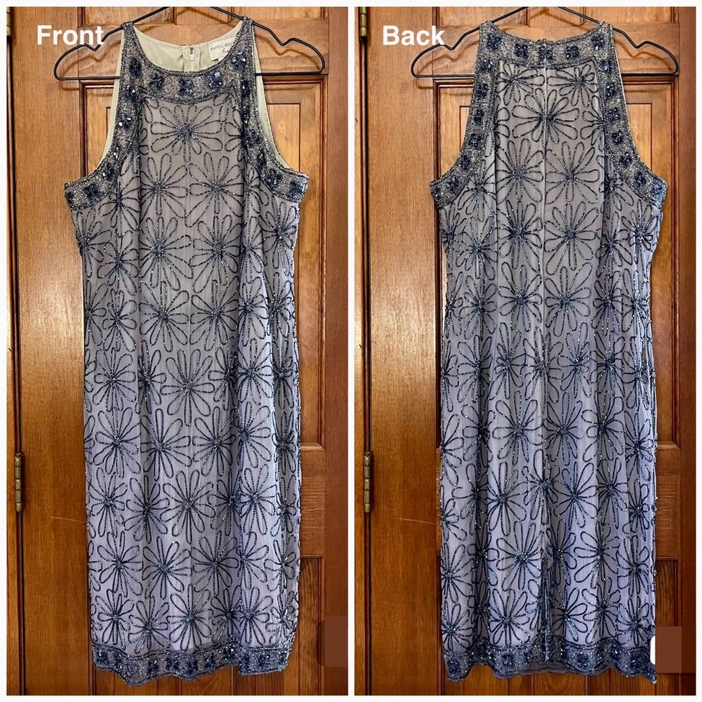 PAPELL BOUTIQUE EVENING Vintage Beaded Dress Halter Bodycon Silver Gray Size 10
